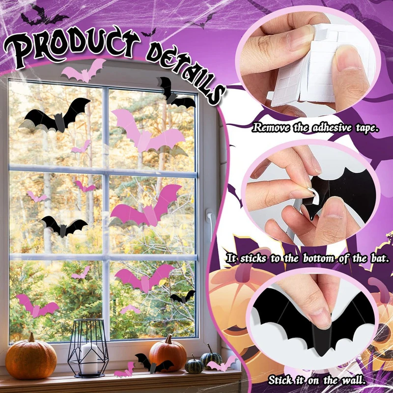 24/48Pcs Halloween Pink Bats Window Sticker 3D Spooky Bat Wall DIY Decal for Halloween Home Kids Room Indoor Outdoor Decoration