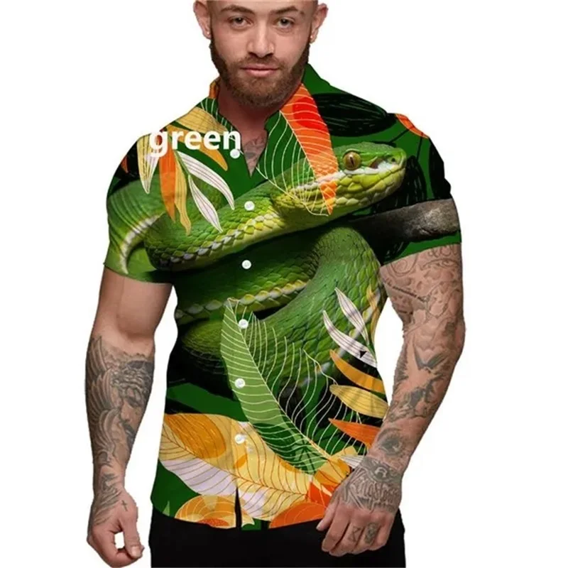 thumbnail image 1 of Camisas con estampado de serpiente en 3D, camisas hawaianas de manga corta de gran tamaño para playa, camisas y blusas casuales con botones para hombres, 1 of 4