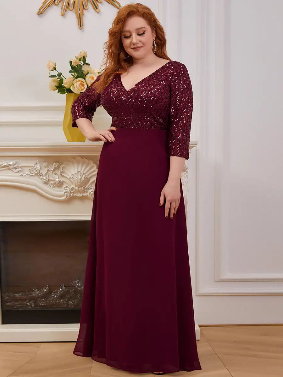 Evening Dresses Ever pretty of Sexy V Neck A-Line Plus Size Sequin  Wholesale Evening Dress with Sleeve - AliExpress