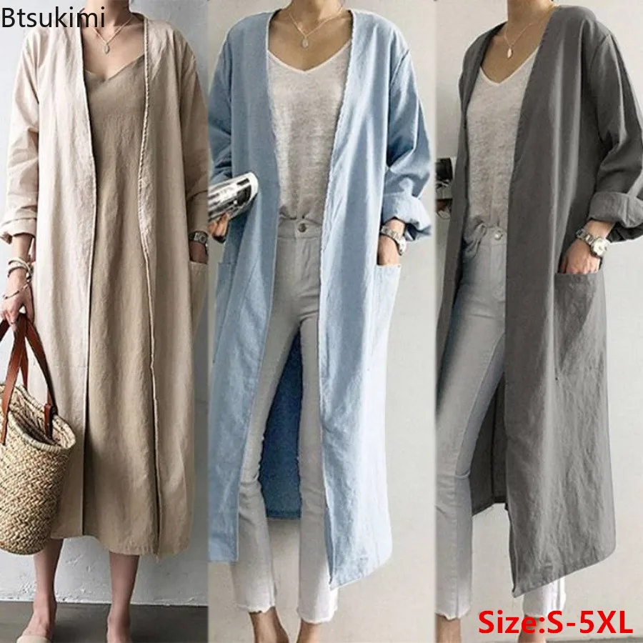 

2024 New Women's Simple Temperament Cardigan Solid Long Trench Coats Fashion Casual V-neck Kimono Tops Women Long Jackets Robe