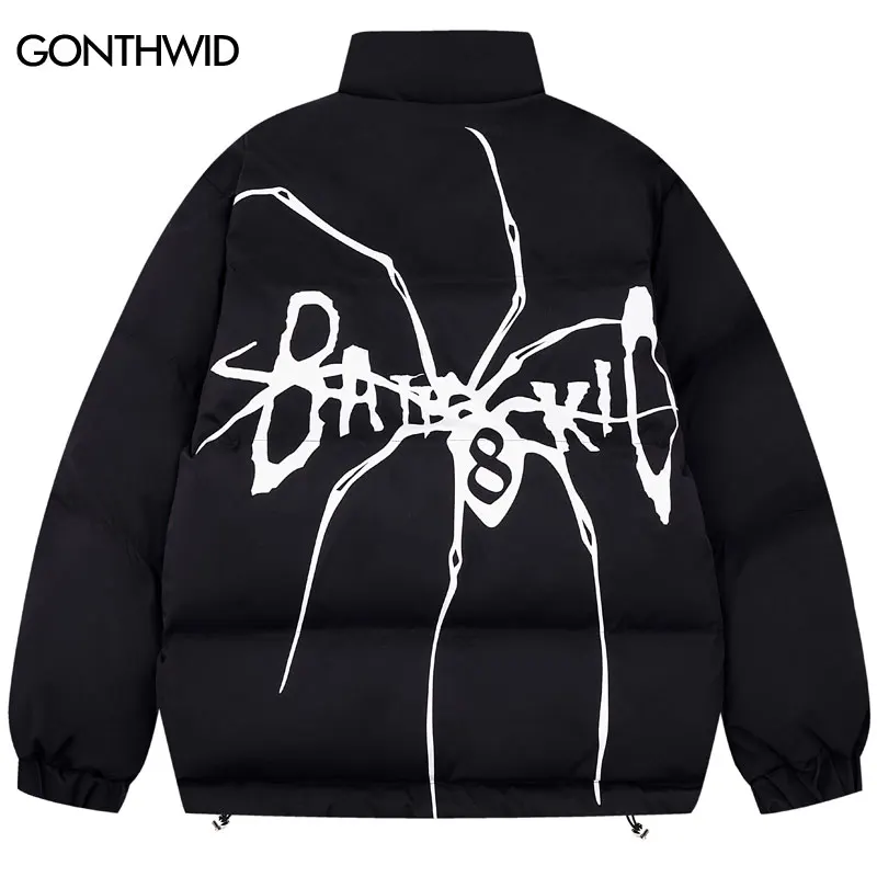 

Men Jacket Winter Parkas Streetwear Hip Hop Spider Graphic Print Thick Warm Padded Bubble Coat 2023 Harajuku Loose Puffer Parkas
