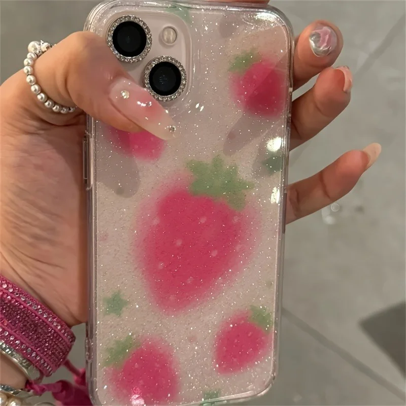 Cute Glitter Strawberry Clear Phone Case - Lovely Bowknot Soft Cover