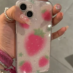Cute Glitter Strawberry Clear Phone Case - Lovely Bowknot Soft Cover - iPhone 15 Pro Max (Clear)