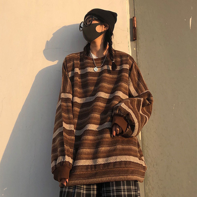 Women Striped Knit Sweater Spring Autumn Retro Hip Hop Pullovers Tops Female Oversize Ulzzang BF Couples Japanese