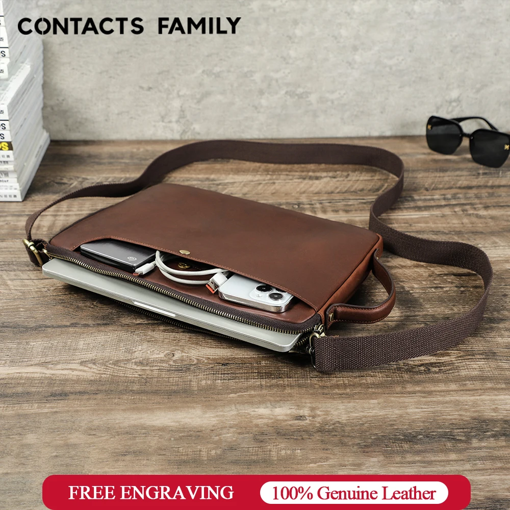Capa Portátil de Couro Genuíno para Homens Bolsa Tiracolo Vintage Bolsa com Alça de Ombro Destacável Macbook Pro 14 Air 13