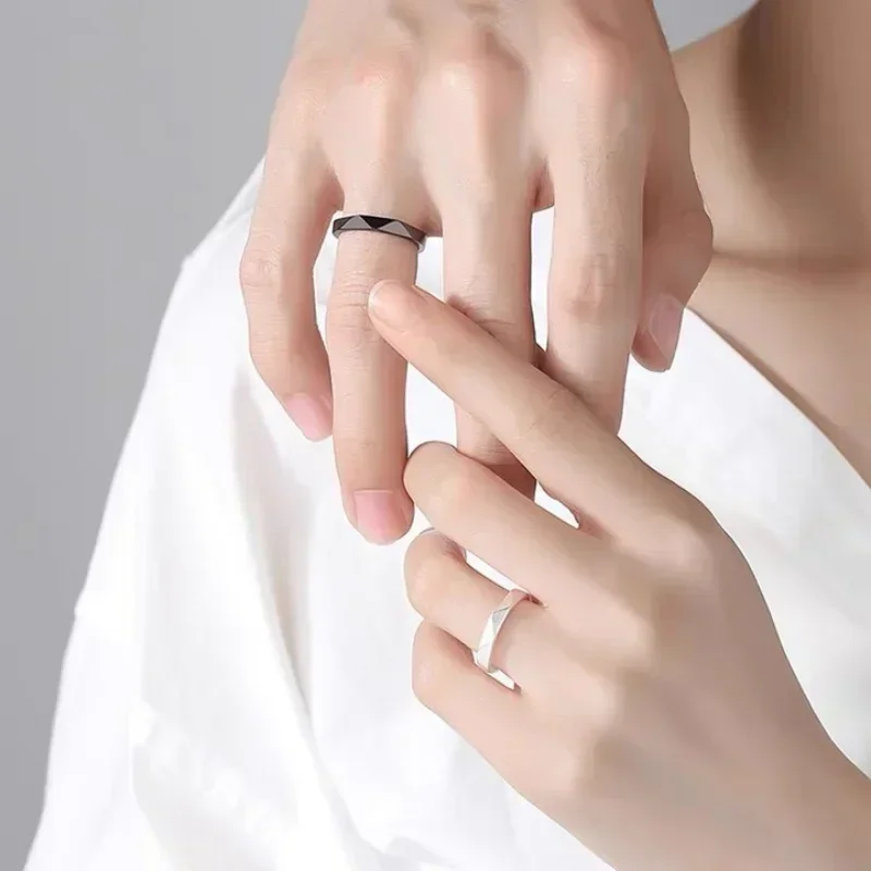 2PCS Black White Lozenge Couple Rings Set Open Adjustable Ring Eachother Lovers Minimalist Ring Gift Wedding Rings Bride Jewlery 3