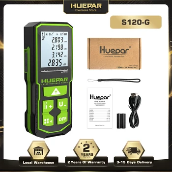 Huepar S120-G Misuratore di distanza laser verde digitale 120M Misuratore di nastro laser Telemetro con strumenti di misurazione del sensore angolare LCD