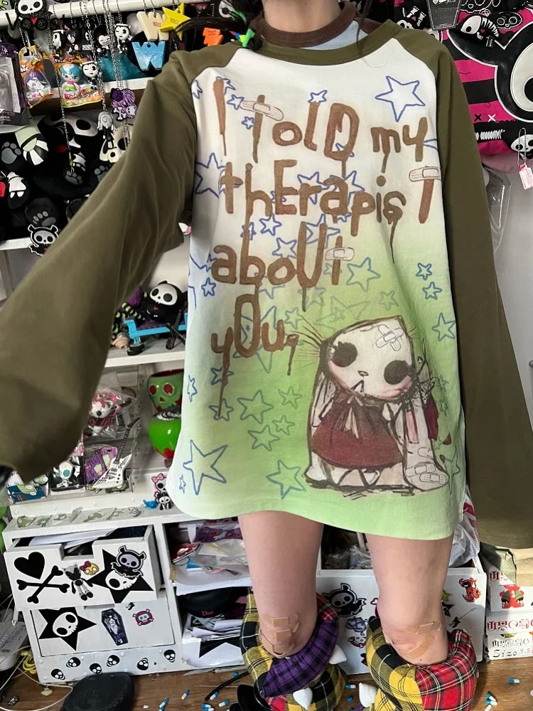 

Autumn Y2k Aesthetic Long Sleeve T-shirt Women Punk Letter Tie Dye Cartoon Print Loose Graphic Couple T Shirt Fairy Grunge Tees