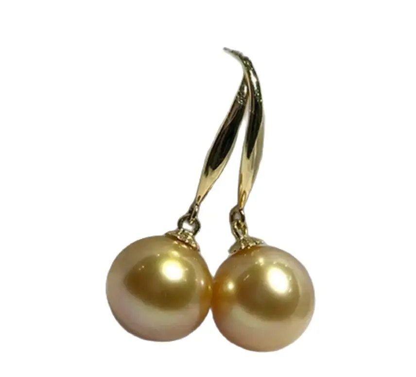 AAAAA gorgeous huge 9-10mm round South China Sea golden pearl earrings 14K gold
