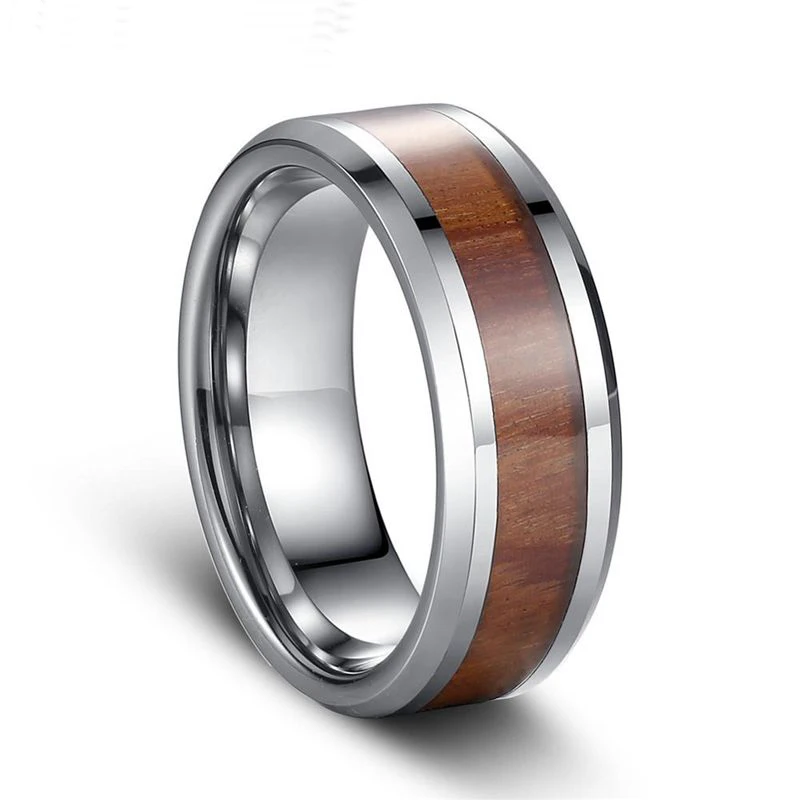 8mm Stainless Steel Ring Real Brown Koa Wood Inlaid High Polished Sieve Wedding Ring Men Women wedding rings finger rings womens ring jewelry rings ring jewelry couple rings