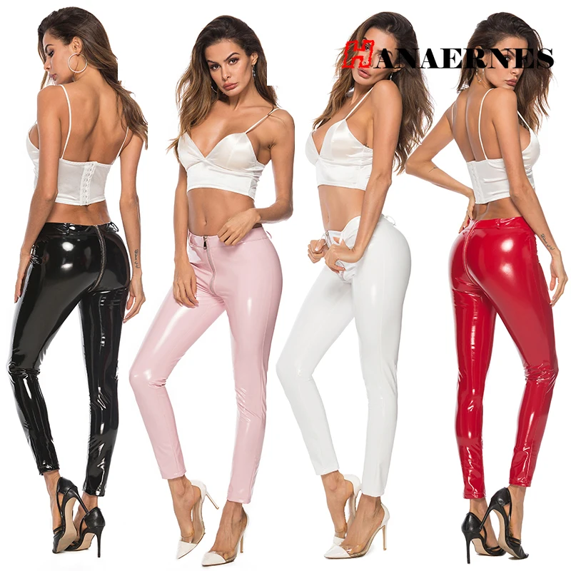 

Women Sexy Faux Latex Slim Trouser Open Crotch Full Zipper Ladies Mid Waist Bodycon Latex Skinny Pencil Nightclub Trousers