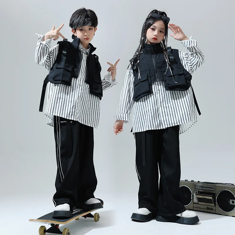 

Hip Hop Girls Black Vest Striped Shirt Tops Boys Jazz Street Dance Baggy Pants Children Clothes Sets Teen Kid Rave Party Costume