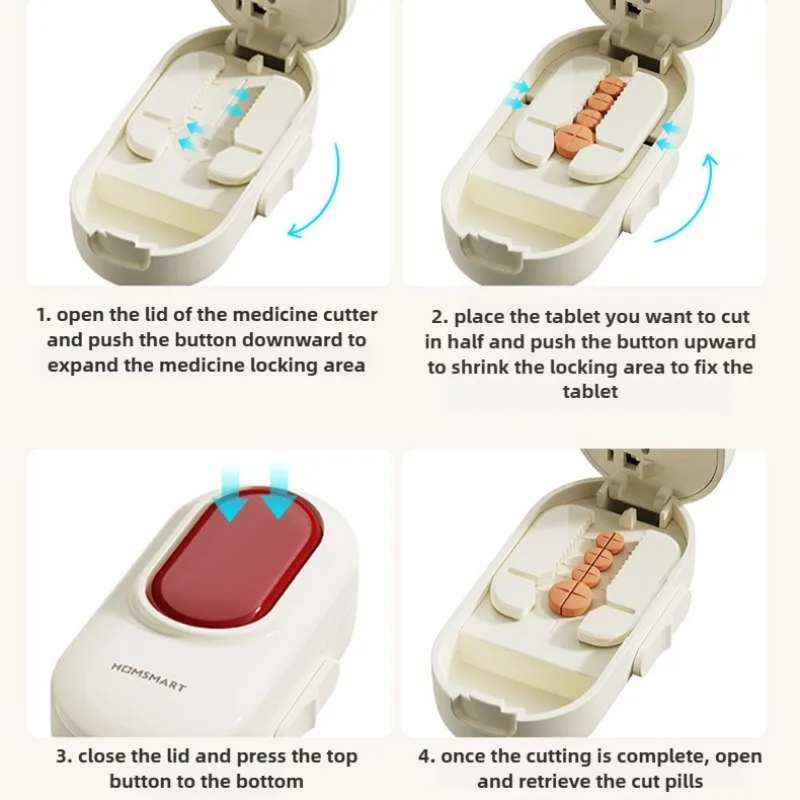 Safety Button Pill Cutter and Splitter Stainless Steel Blade for 1/2 1/4 Tablet Precise Splitting Portable Medicine Organizer