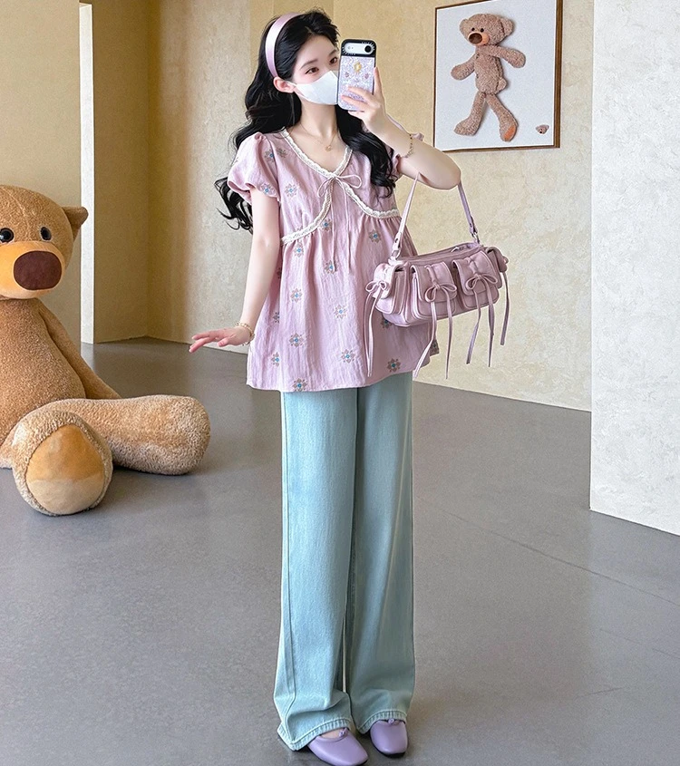 임산부 셔츠 여름 루즈핏 편안한 V넥 퍼프 소매 귀엽고 부드러운 임산부용 상의 2026