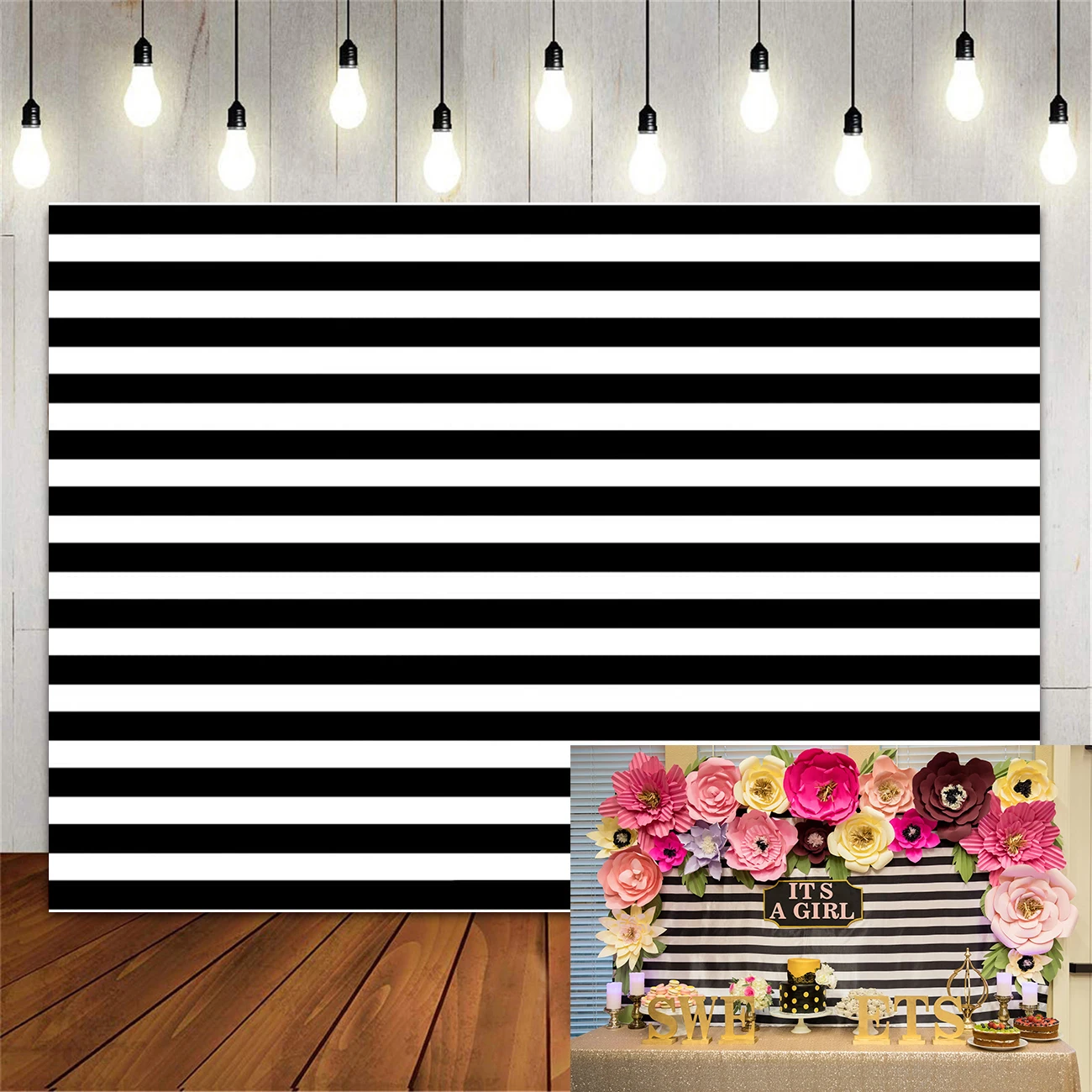 Classic Black and White Stripe Birthday Party banner Decoration Backdrop Photography Background Baby Shower Sweet 16th 20th 30th |