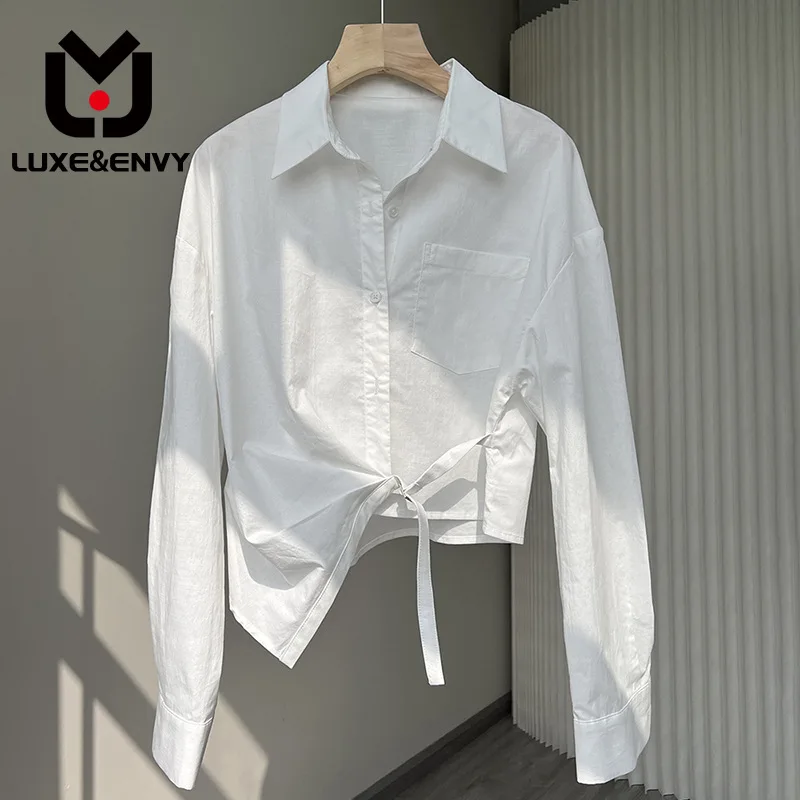 

LUXE&ENVY Irregular Design Lace Up White Shirt Women's 2022 Autumn New Polo Neck Slim Fit Short Top 2023 Autumn