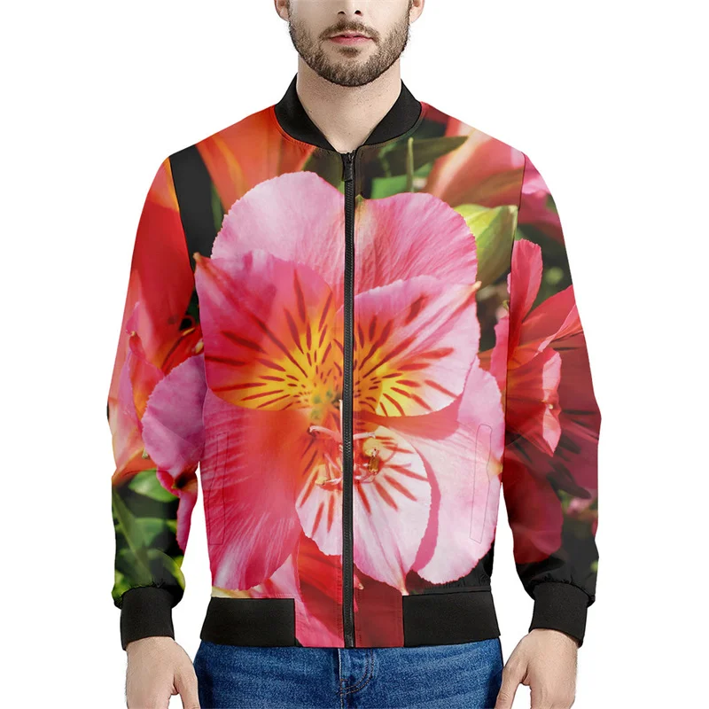 Chaqueta con cremallera y estampado de flores de alstroemerias para hombre, sudadera étnica con estampado 3D, chaqueta informal de calle, abrigo de manga larga con cremallera