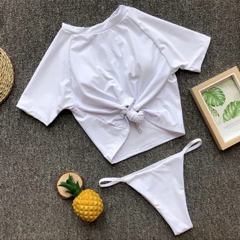 4 Colors Sexy Two Piece Swimsuit Swimwear Women Short Sleeve Knotted Solid Two-piece Bathing Suit Beachwear Banadores Mujer 2026 1
