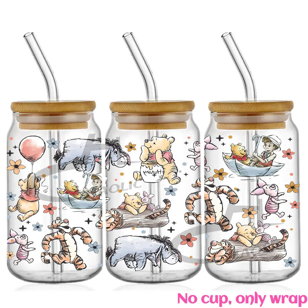 Cute Winnie UV DTF Cup Wrap 16oz Libbey Glass Can DIY Sticker Self-adhesive Washable Transfer Stickers