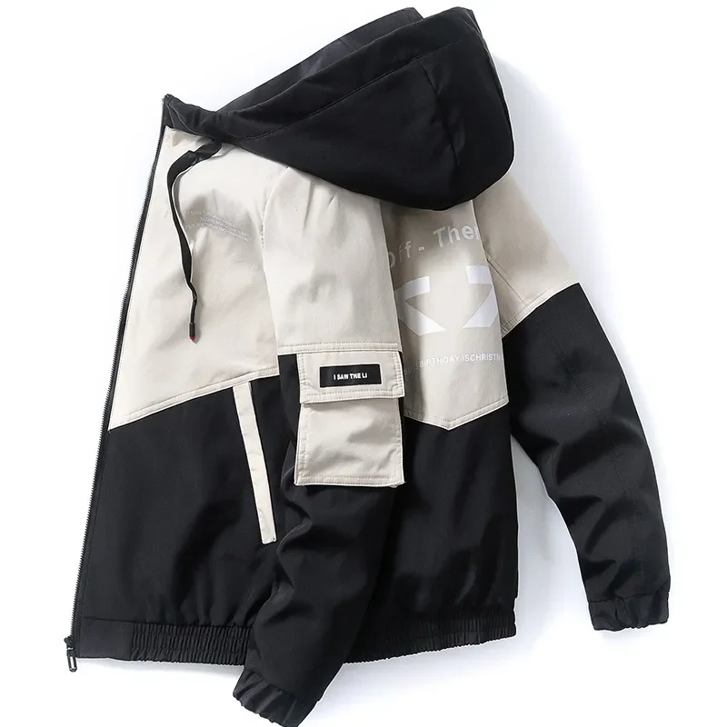 

Spring and Autumn Men's Jacket High Street Printing Cargo Coat Stitching Color Windproof Pilot Jacket Male Hooded Outerwear