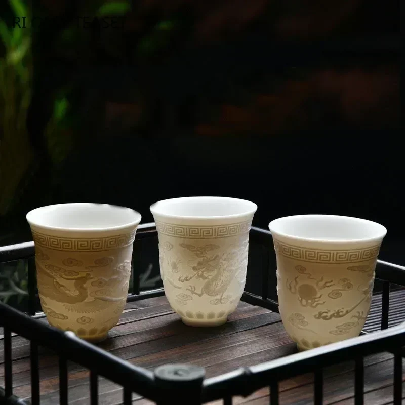 1 PC Boutique Suet Jade White Porcelain Teacup Three-dimensional Embossed Handmade Ceramic Tea Cup Travel Tea Bowl Master Cup
