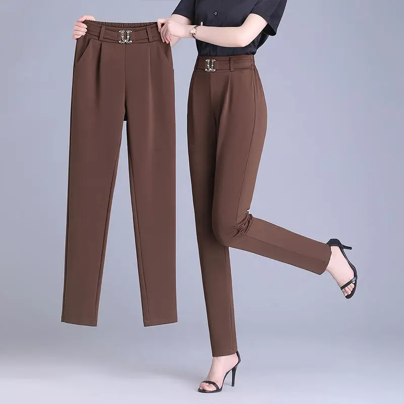 Simplicity Casual Summer Suit Pants Women New Solid Diamonds Pockets Fashion Loose Elastic High Waist Bound Feet Pencil Trousers