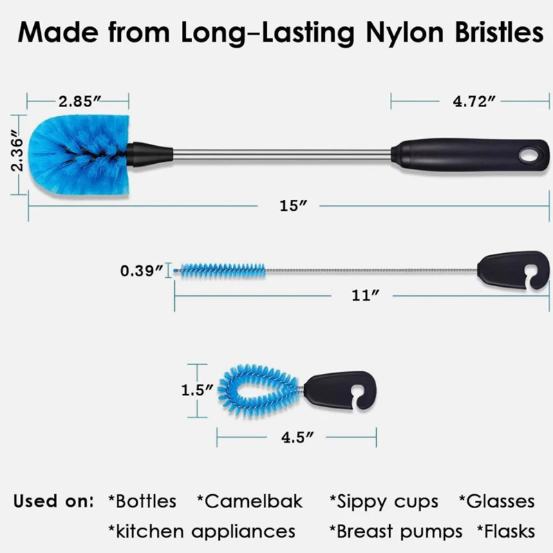 Water Bottles Cleaner Washing 3-in-1 Stainless Steel Water Bottle Brush Set Cleaning Brush Long Handle Kitchen Scrubbing Tools