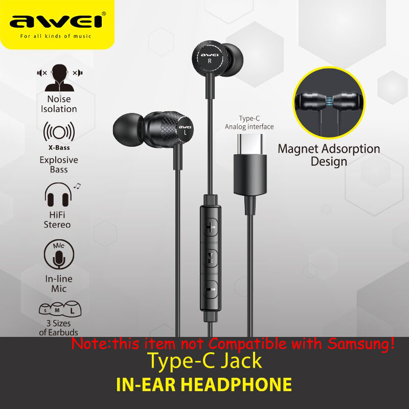  Awei TC-5 Wired Earphone In-ear For Phone Type-C Jack Stereo Deep Bass With Microphone Button Control 1.2m Original Earphones