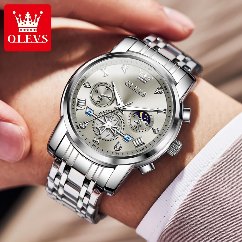 OLEVS Brand Luxury Moon Phase Chronograph Quartz Watch Men Stainless Steel Waterproof Luminous Fashion Tourbillon Mens Watches