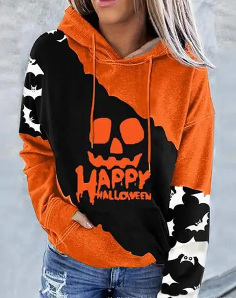 

Halloween Womens Sweatshirt 2023 Spring Fashion Colorblock Scary Face Print Casual Long Sleeve Pocket Design Hooded Sweatshirt