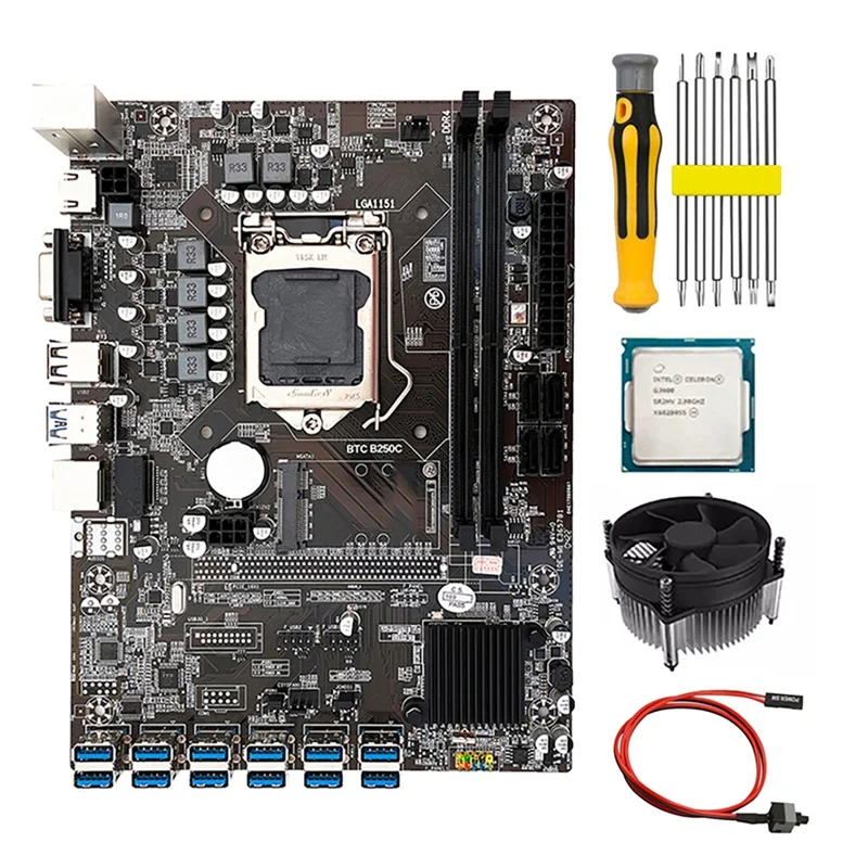 B250C BTC Mining Motherboard With G3900 CPU+Fan+Switch Cable+Screwdriver 12 USB3.0 Slots LGA1151 DDR4 RAM SATA3.0+MSATA most powerful motherboard