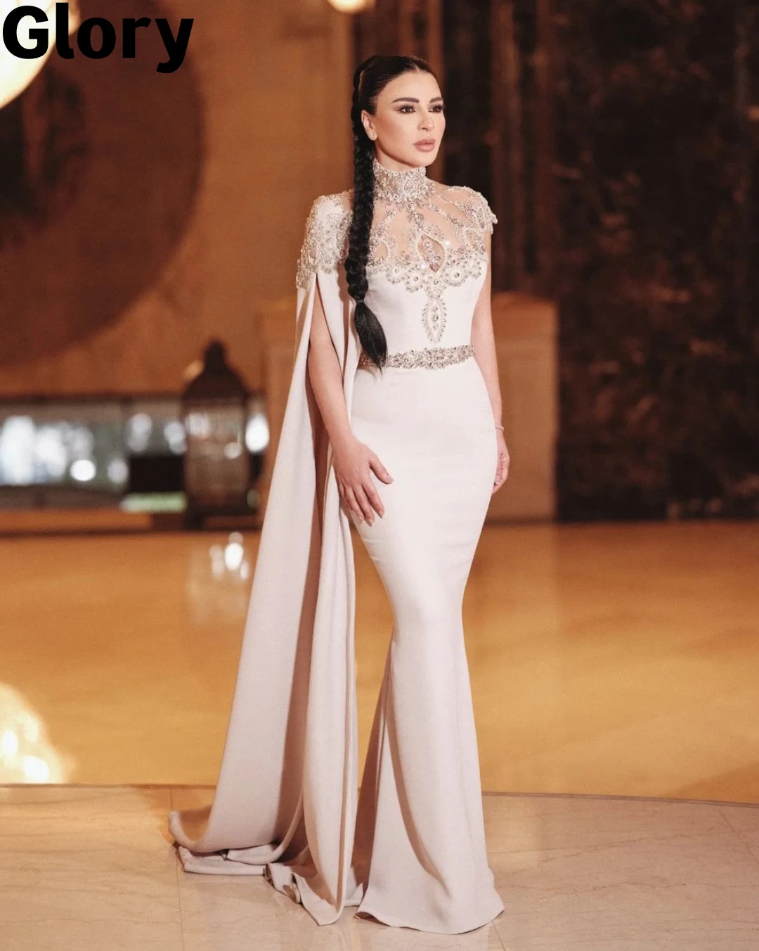 

High Neck Rhinestone Luxury Evening Dresses Mermaid Cap Sleeve Dubai Prom Dresses 2023 Elegant Party Gown فساتين مناسبة رسمية