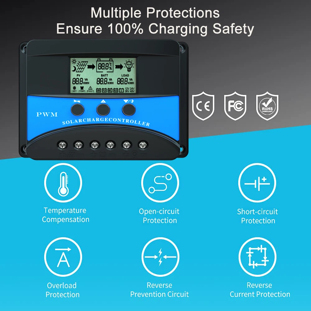 Solar Battery Charge Controller Solar Charge Controller 12V 24V 48V 10A 20A 30A PWM PV Regulator Solar Battery charger Dual USB 5V For LiFePO4 Lithium Lead Acid