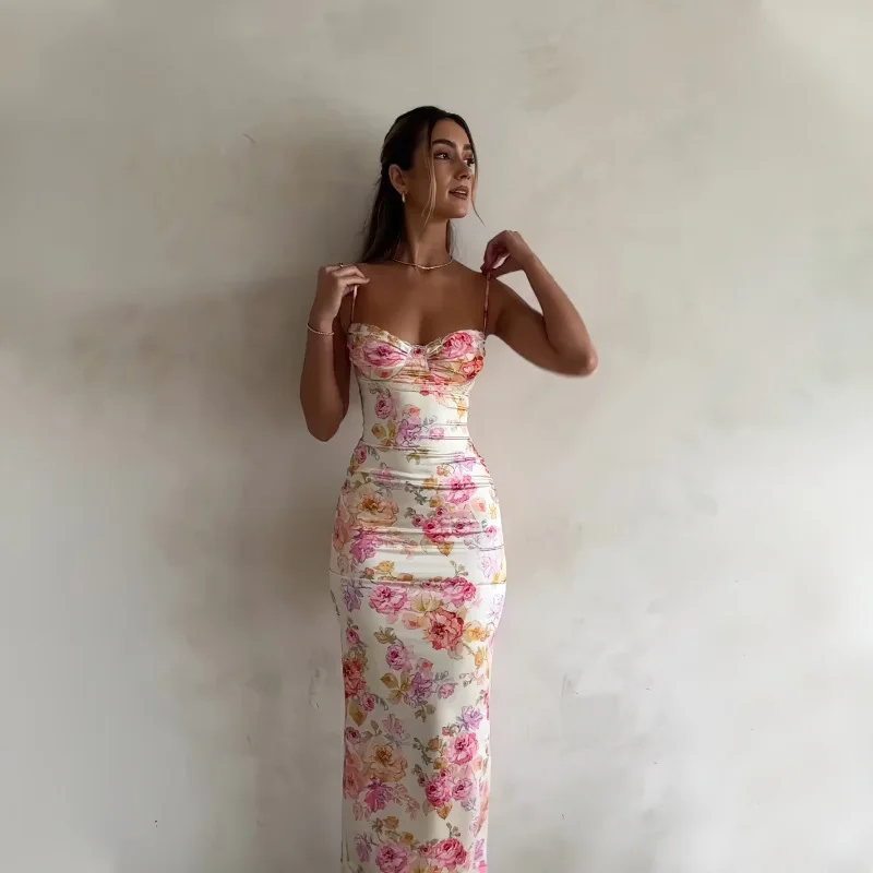 

Summer Dress Printed waist sexy tube top suspender dress V-neck dress sleeveless dress