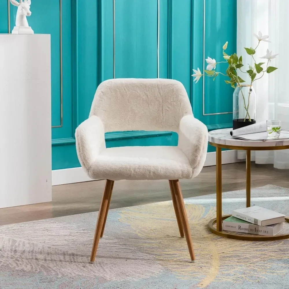 "stylish faux fur accent chair with mid-century modern design for teens, suitable for living and dining rooms, wood-tone metal l