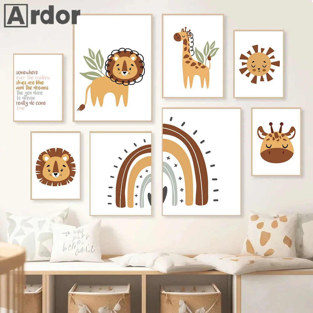 

Jungle Animal Lion Giraffe Rainbow Sun Nursery Poster Quotes Canvas Painting Nordic Wall Art Print Pictures Baby Kids Room Decor