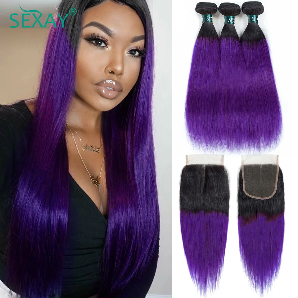 1B Purple Ombre Bundles With Closure Free Part 2 Tone Color Peruvian Straight Human Hair Weave Bundles Hair Bundles With Closure