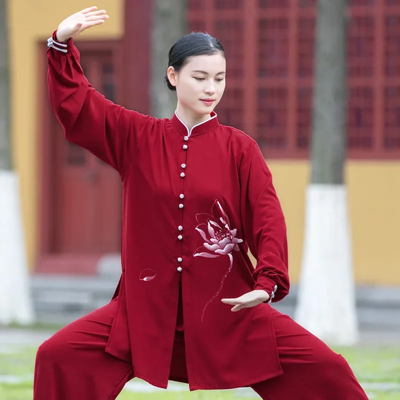 

Wushu Clothing Martial Art Uniform Tai Chi Clothes Kung Fu Dress Girl Women Kun Master Hand Painted Lotus 2023 New Style