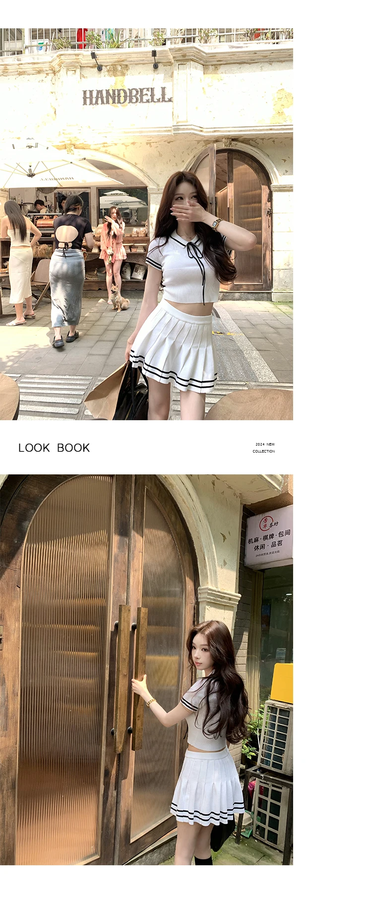 Korean Fashion Knitted Two-piece Set Women Short Sleeve Patchwork Cropped Top Pleated Mini Skirt Preppy Style Outfits New