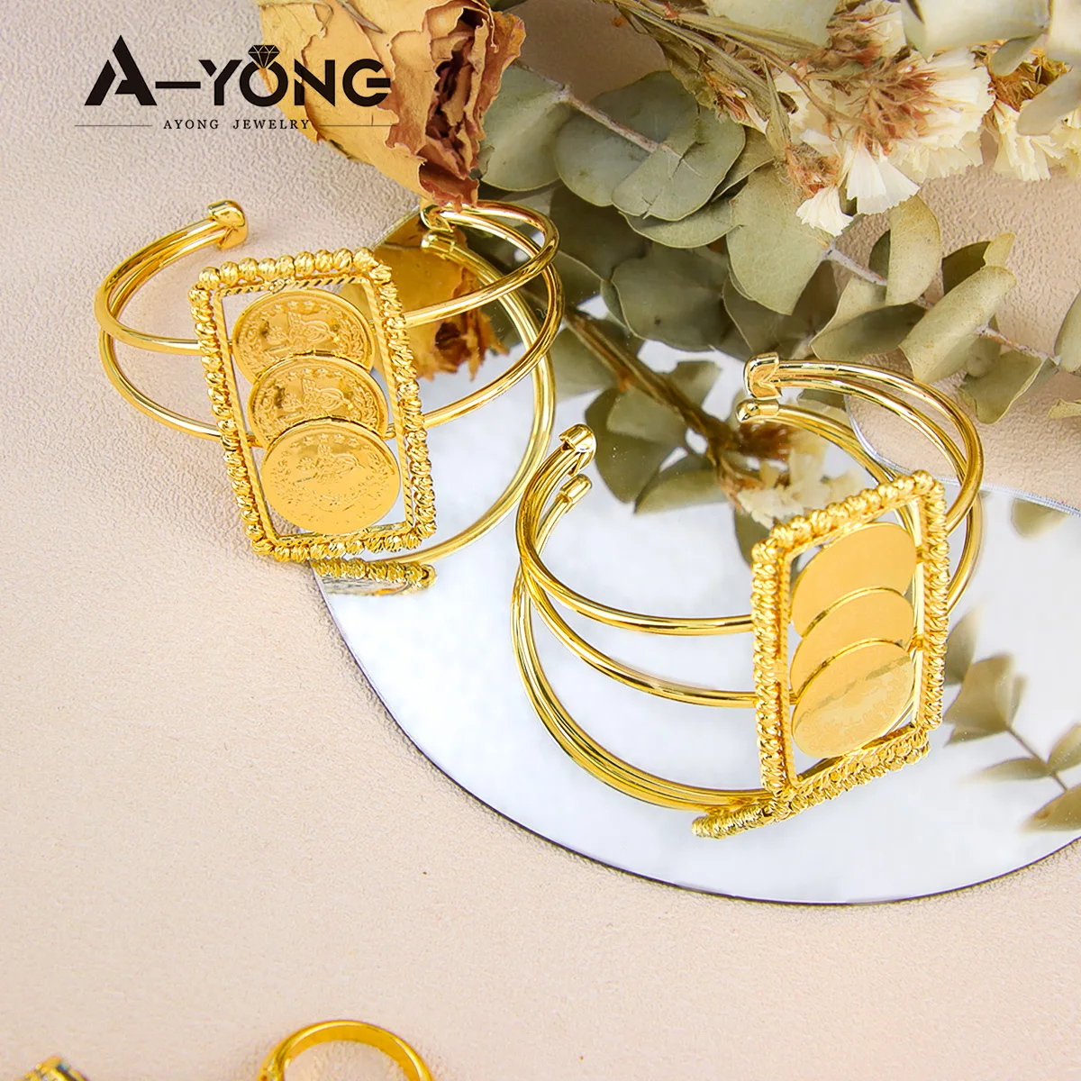 Islamische Goldfarbe Manschette Armband 21 Karat Kupfer vergoldet türkische arabische Münzen Armreifen Ring verstellbare Frauen Party Vintage Schmuck – Detail 4