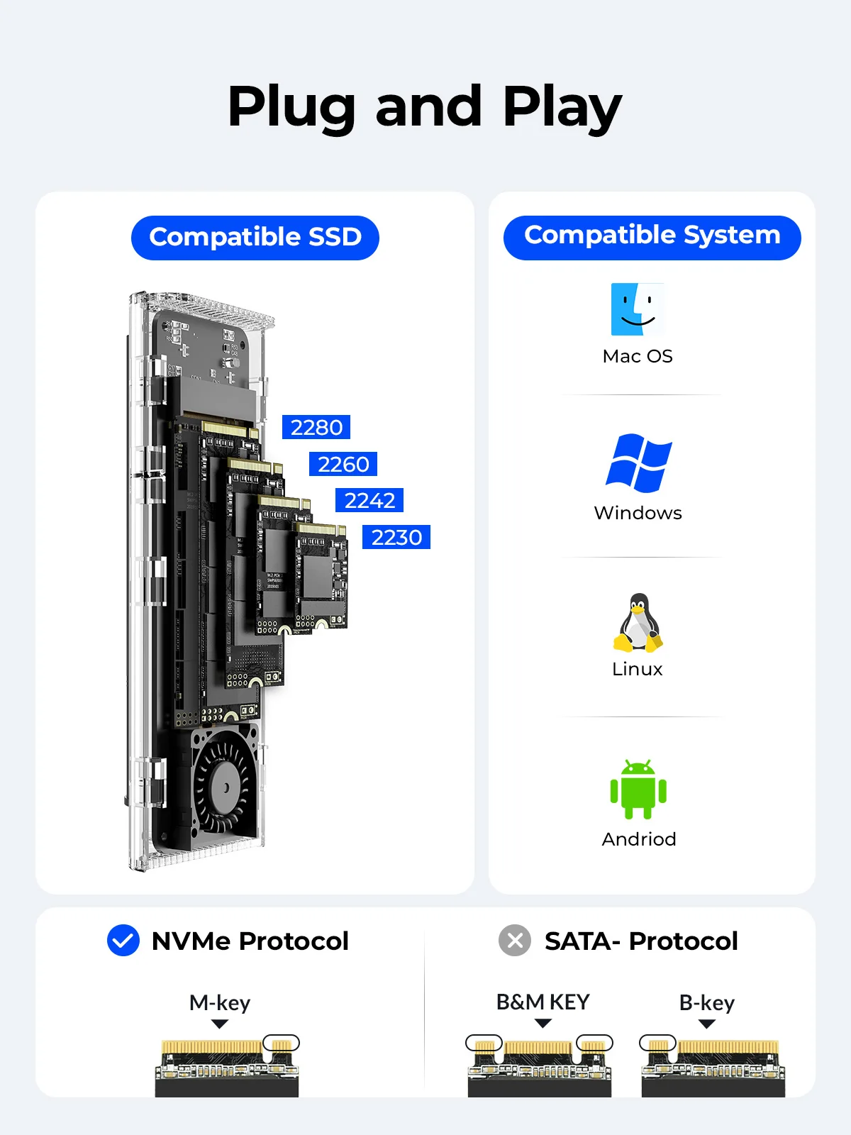 Orico-nvme Gabinete Ssd com Ventoinha Usb 3.2 Gen 2x2 Ferramenta Adaptador Pcie Nvme Livre 4tb para Pcie m Key 20gbps - Imagem 5