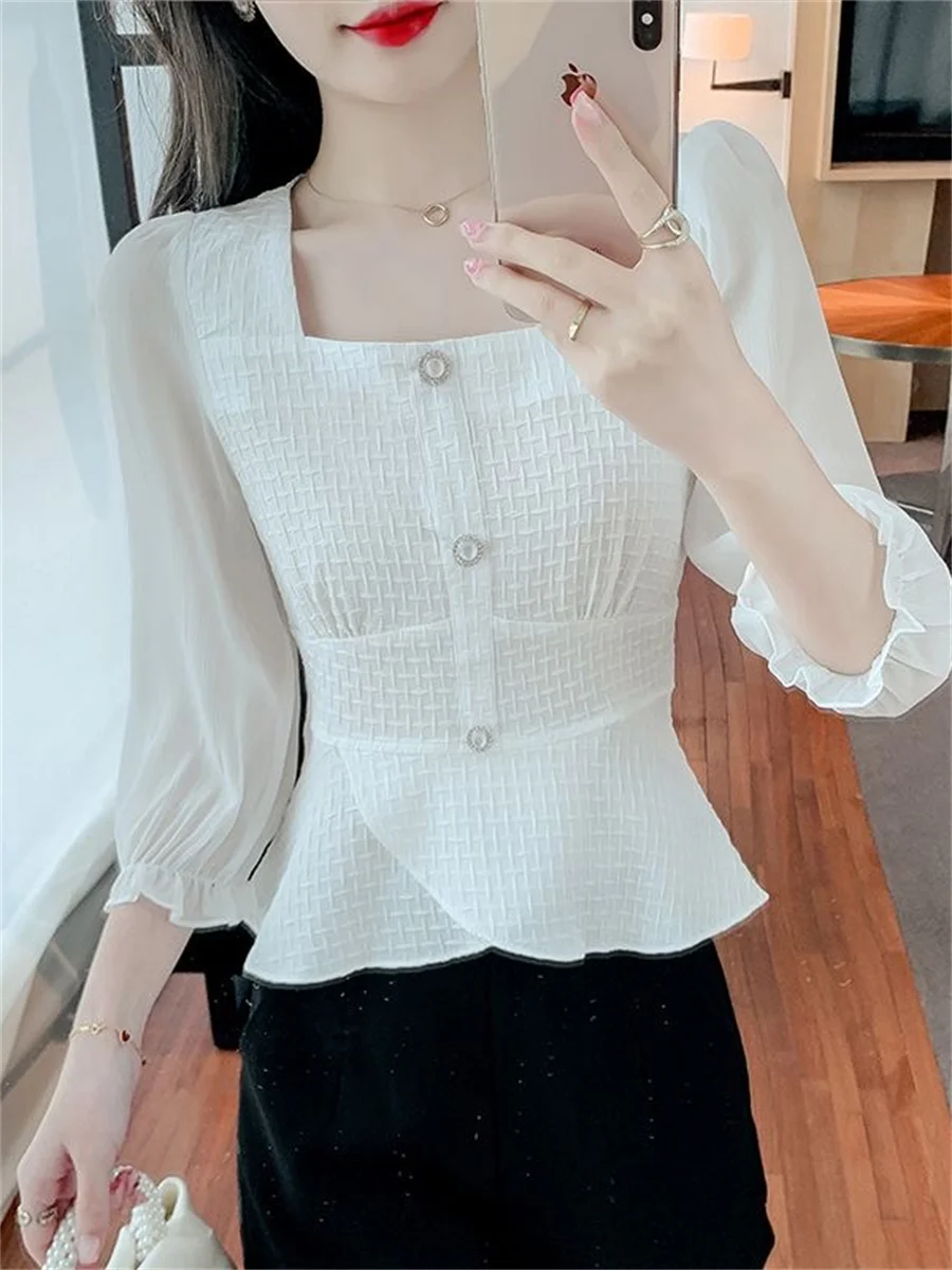 Woman Spring Autumn Style Blouses Shirts Lady Casual Three Quartz Sleeve Square Collar Blusas Tops DF4602