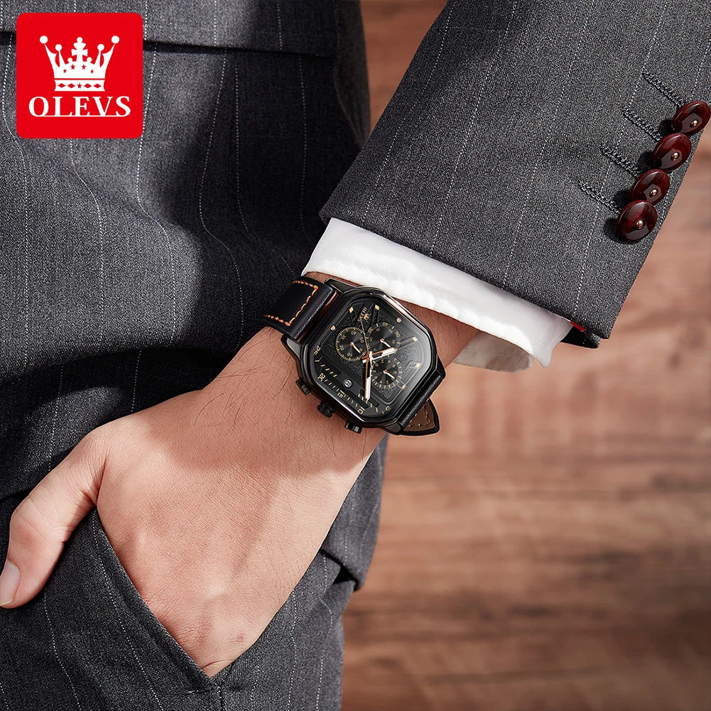 OLEVS 9950 Quartz Watch For Men Original Chronograph Business Leather Wristwatch Waterproof Luminous Calednar Luxury Man Watches