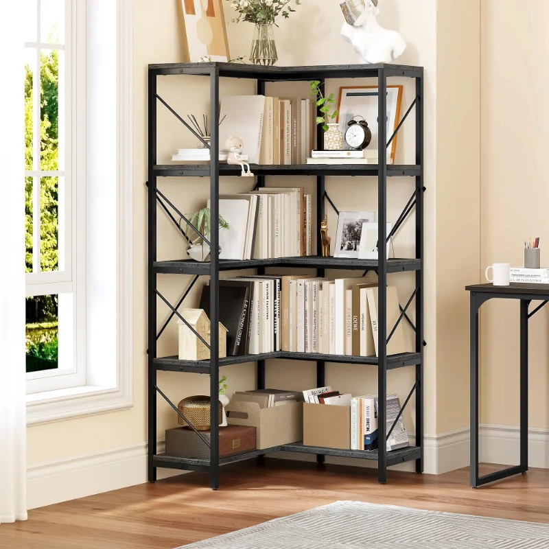Dextrus 5-Tier Bookcase Storage Shelves, 65 in Ladder Bookshelf, Industrial Furniture for Bedroom Living Room Office,Black