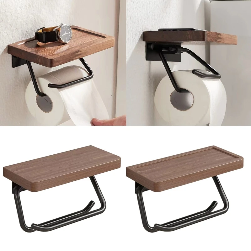 

Toilet Paper Roll Holder with Wood Tray Farmhouse Single Roll Tissue Holder