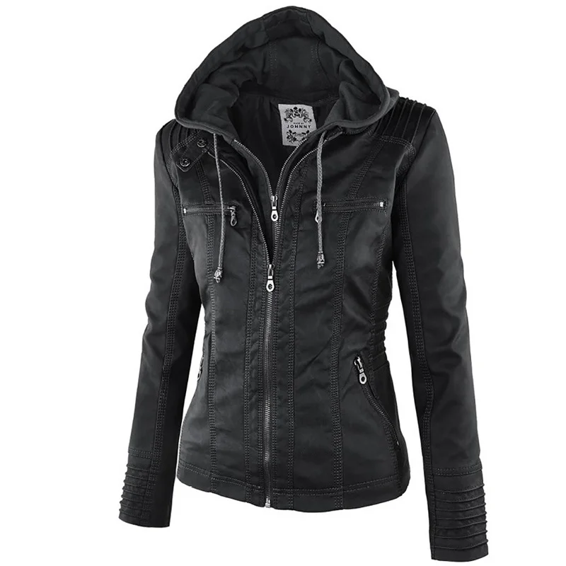 

2023 Fashion Winter Faux Leather Jacket Women's Basic Jackets Hooded Black Slim Motorcycle Jacket Women Coats Female jaqueta