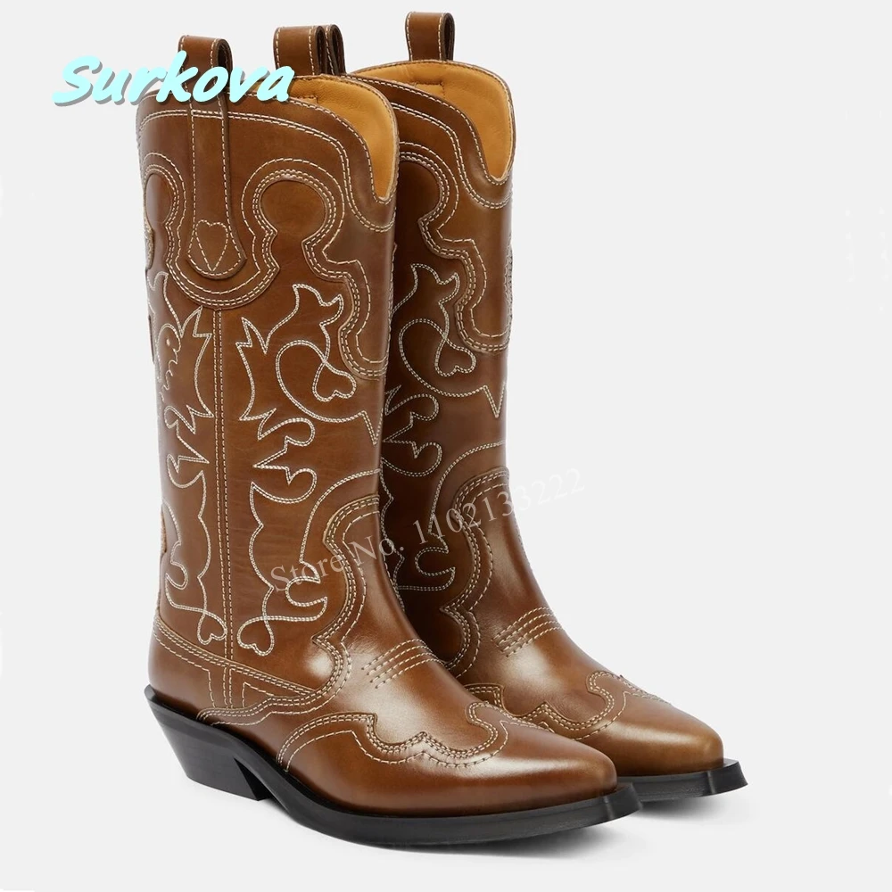 2024 Embroidered Leather Cowboy Boots Pointed Toe Square Low Heel Plus Size Western Boots Fashion Women Shoes Mid Calf Boots