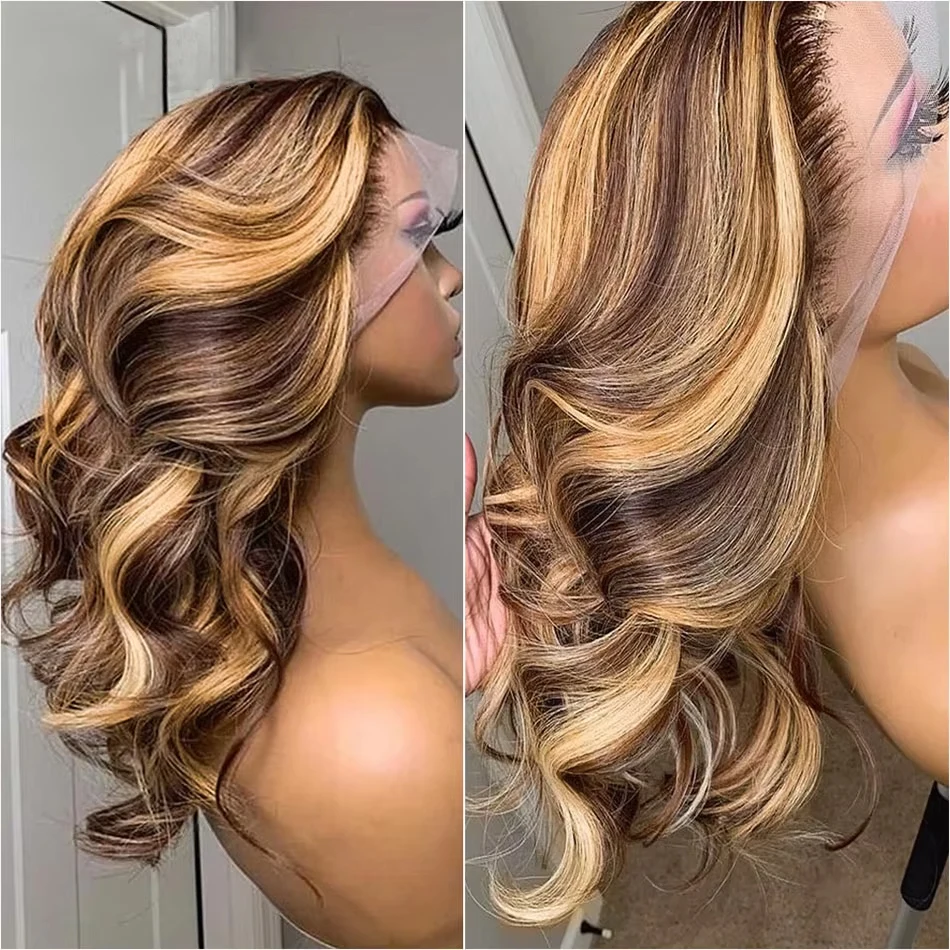 Honey Blonde Bob Wig Human Hair 14 Inch 13x4 Body Wave 4/27 Highlight Ombre HD Lace Front Wigs Human Hair Pre Plucked Glueless Lace Frontal Bob Wigs for Women Colored Wig 6