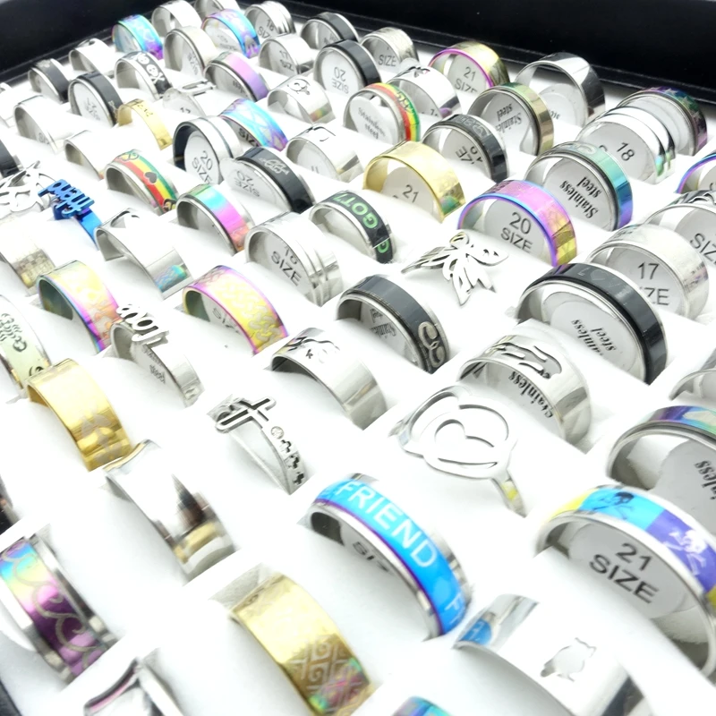 Wholesale 100pcs/Lot Fashion Stainless Steel Rings For Men Women Party Jewelry Gift Mix Styles Size 17-21mm Dropshipping