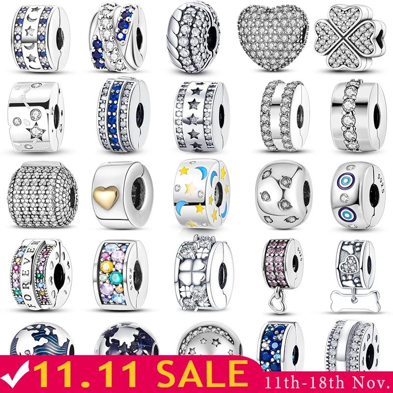 925 Silver Clip Charms Fit Original Pan Bracelet DIY Pave CZ Star Moon Clasp Stopper Bead